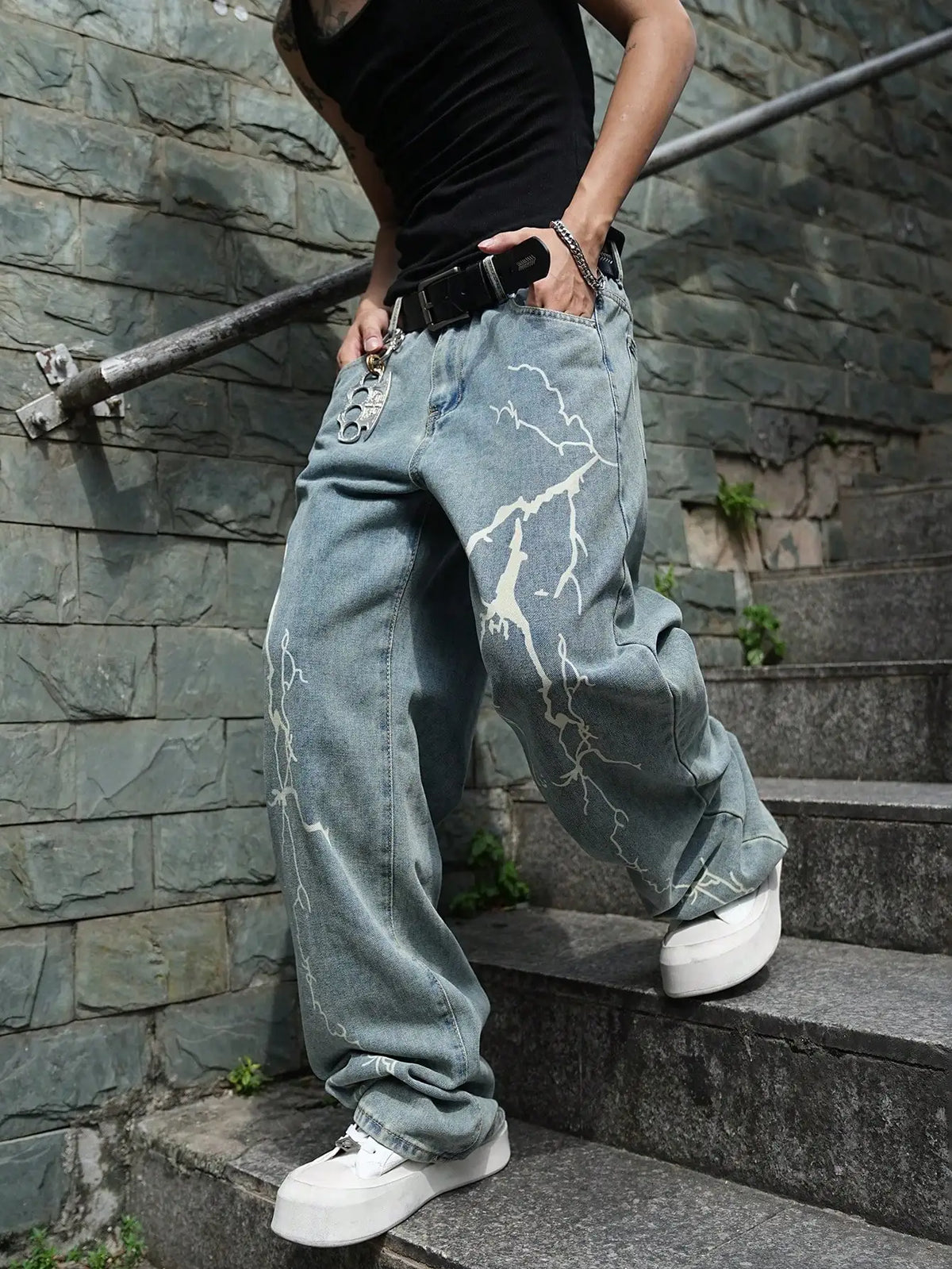 Men Wide Leg Baggy Denim Jeans Light Blue Washed Lightning Print Denim Pants Hip Hop Streetwear Loose Fit Male Casual Trousers