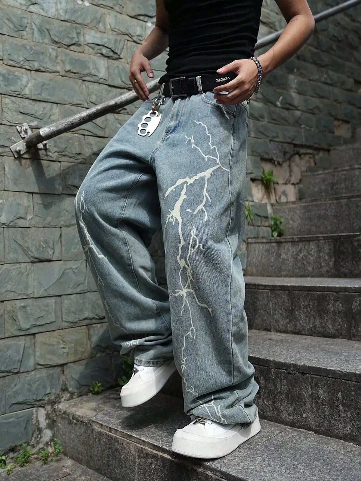 Men Wide Leg Baggy Denim Jeans Light Blue Washed Lightning Print Denim Pants Hip Hop Streetwear Loose Fit Male Casual Trousers