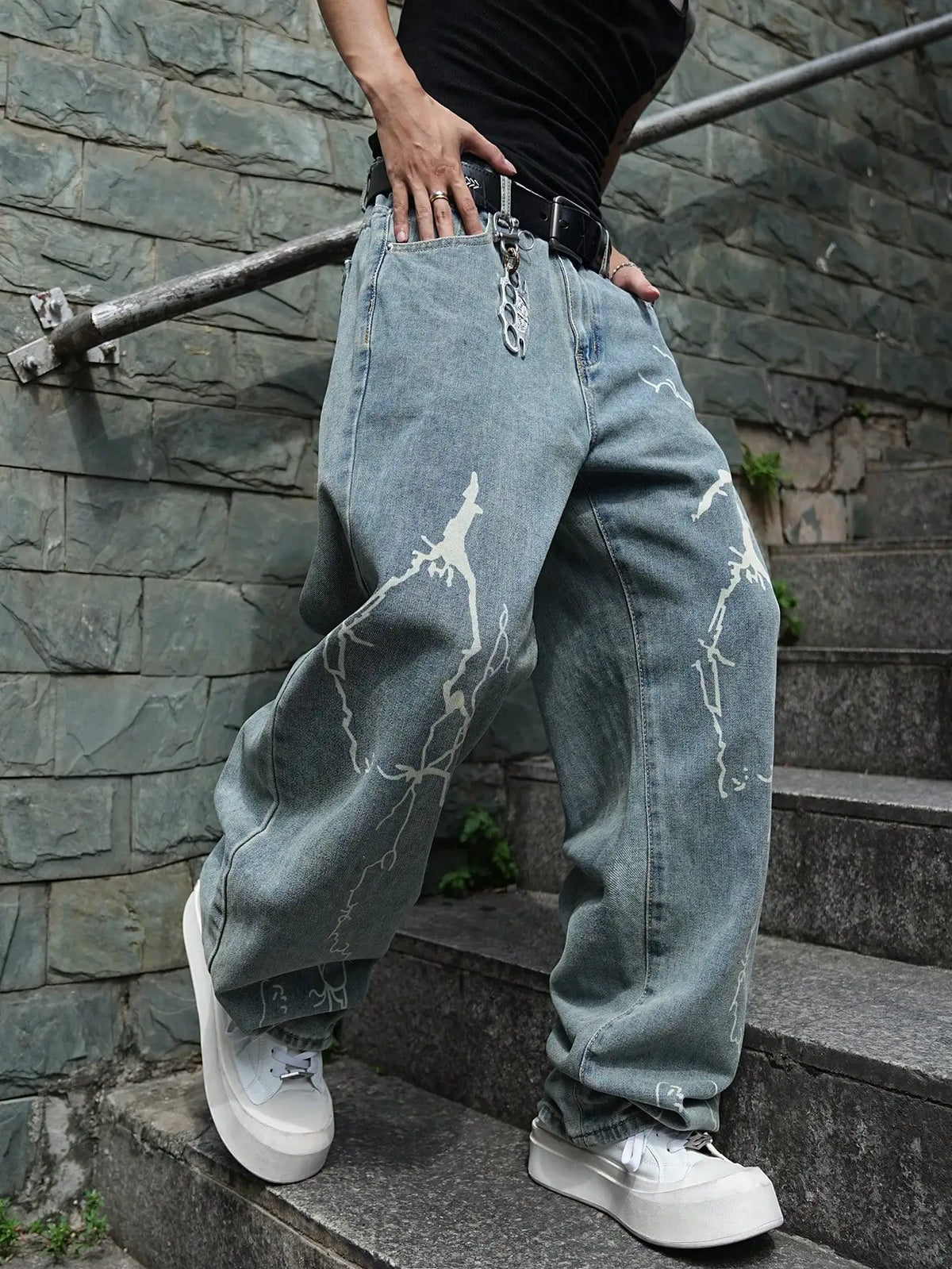 Men Wide Leg Baggy Denim Jeans Light Blue Washed Lightning Print Denim Pants Hip Hop Streetwear Loose Fit Male Casual Trousers