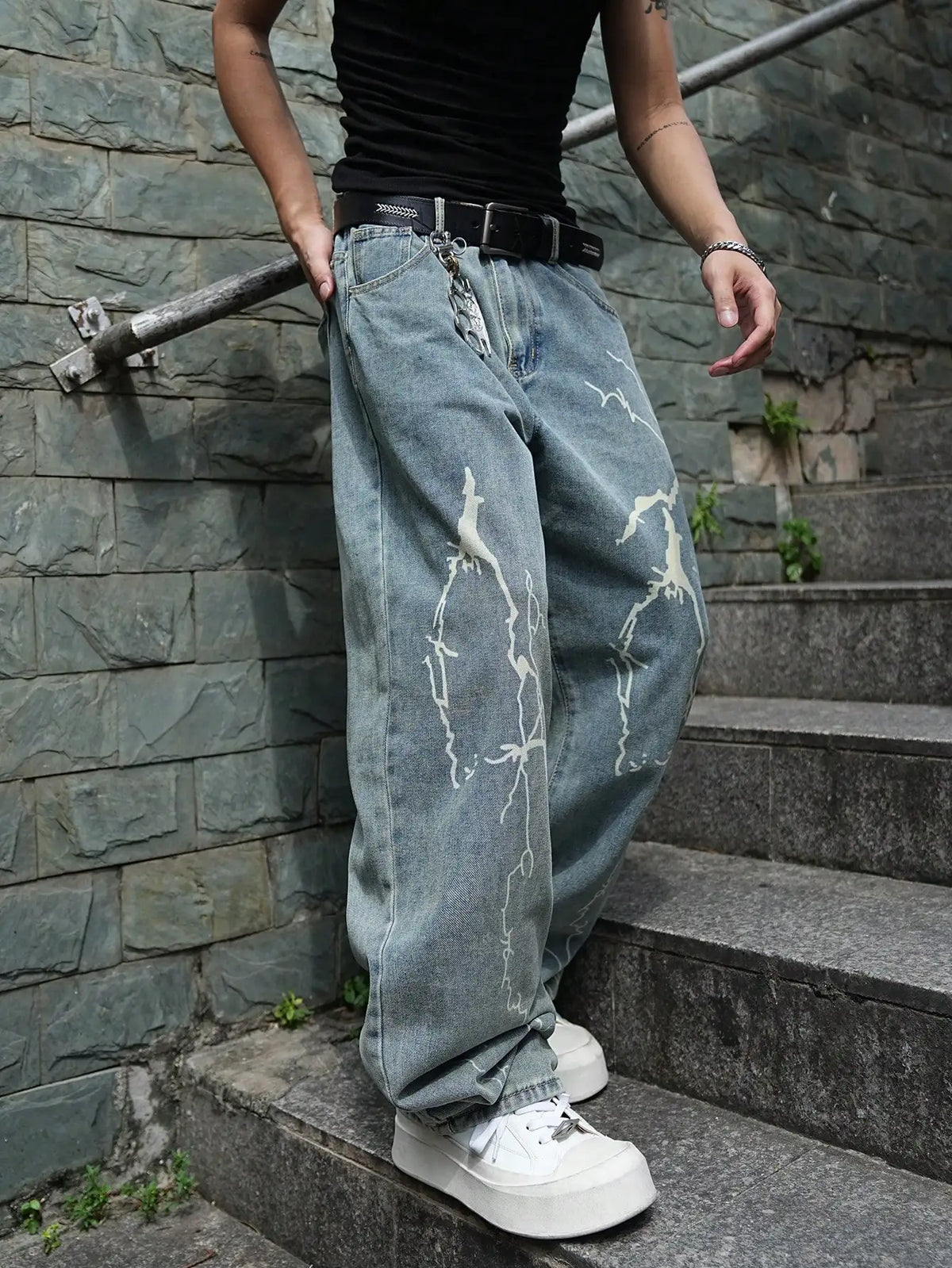 Men Wide Leg Baggy Denim Jeans Light Blue Washed Lightning Print Denim Pants Hip Hop Streetwear Loose Fit Male Casual Trousers