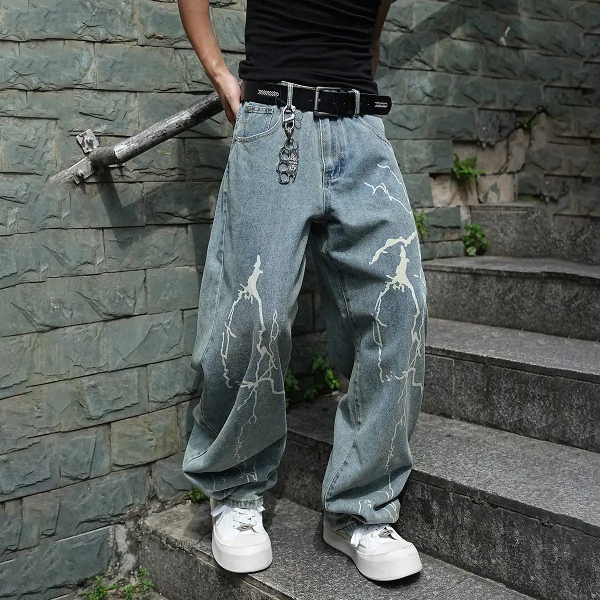 Men Wide Leg Baggy Denim Jeans Light Blue Washed Lightning Print Denim Pants Hip Hop Streetwear Loose Fit Male Casual Trousers