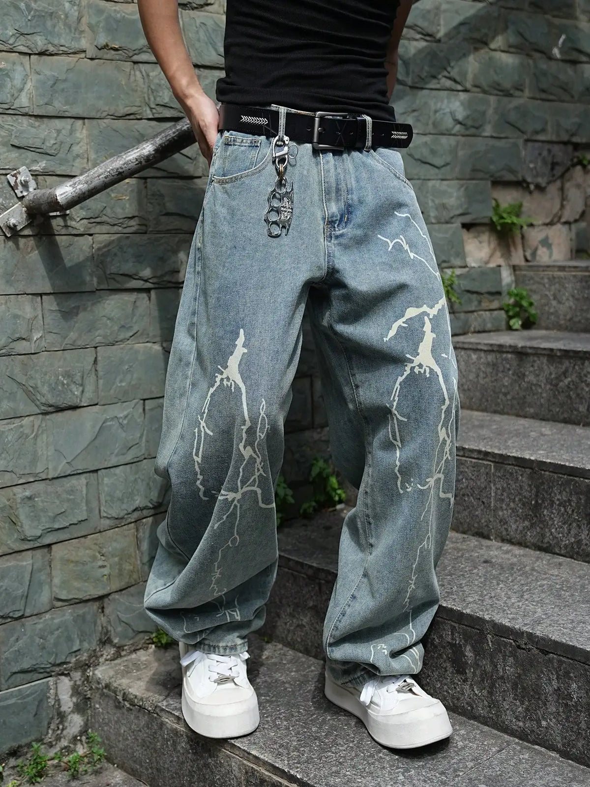 Men Wide Leg Baggy Denim Jeans Light Blue Washed Lightning Print Denim Pants Hip Hop Streetwear Loose Fit Male Casual Trousers
