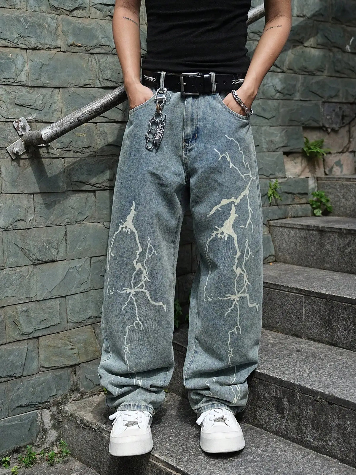 Men Wide Leg Baggy Denim Jeans Light Blue Washed Lightning Print Denim Pants Hip Hop Streetwear Loose Fit Male Casual Trousers