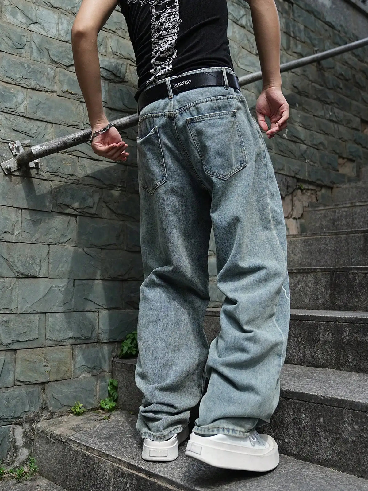 Men Wide Leg Baggy Denim Jeans Light Blue Washed Lightning Print Denim Pants Hip Hop Streetwear Loose Fit Male Casual Trousers